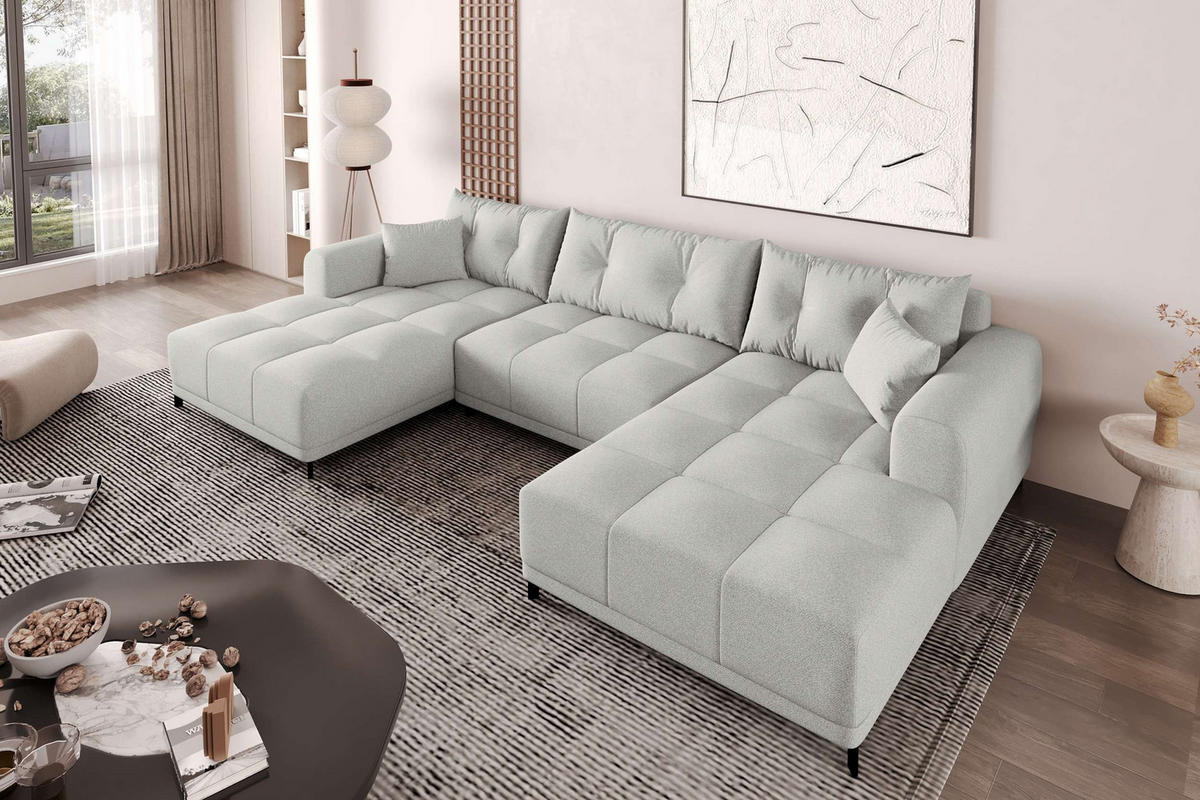 WOHNLANDSCHAFT Strukturstoff Hellgrau inkl. Schlaffunktion - Hellgrau/Schwarz, Textil/Metall (348/94/181cm) - 99rooms