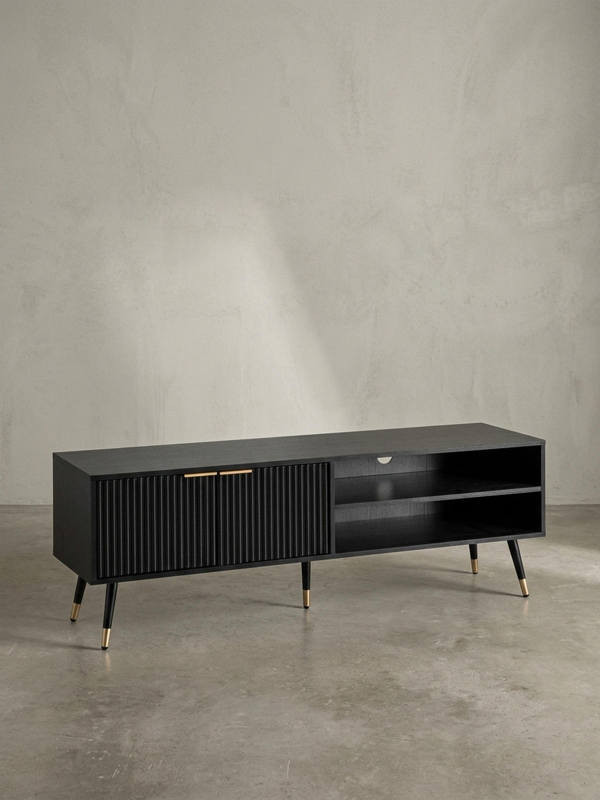 LOWBOARD Schwarz Eiche-Dekor Modern Stil 150x51x39 cm mit Türen und Ablagefächern - Goldfarben/Schwarz, Holzwerkstoff/Metall (150/51/39cm) - KADIMA DESIGN