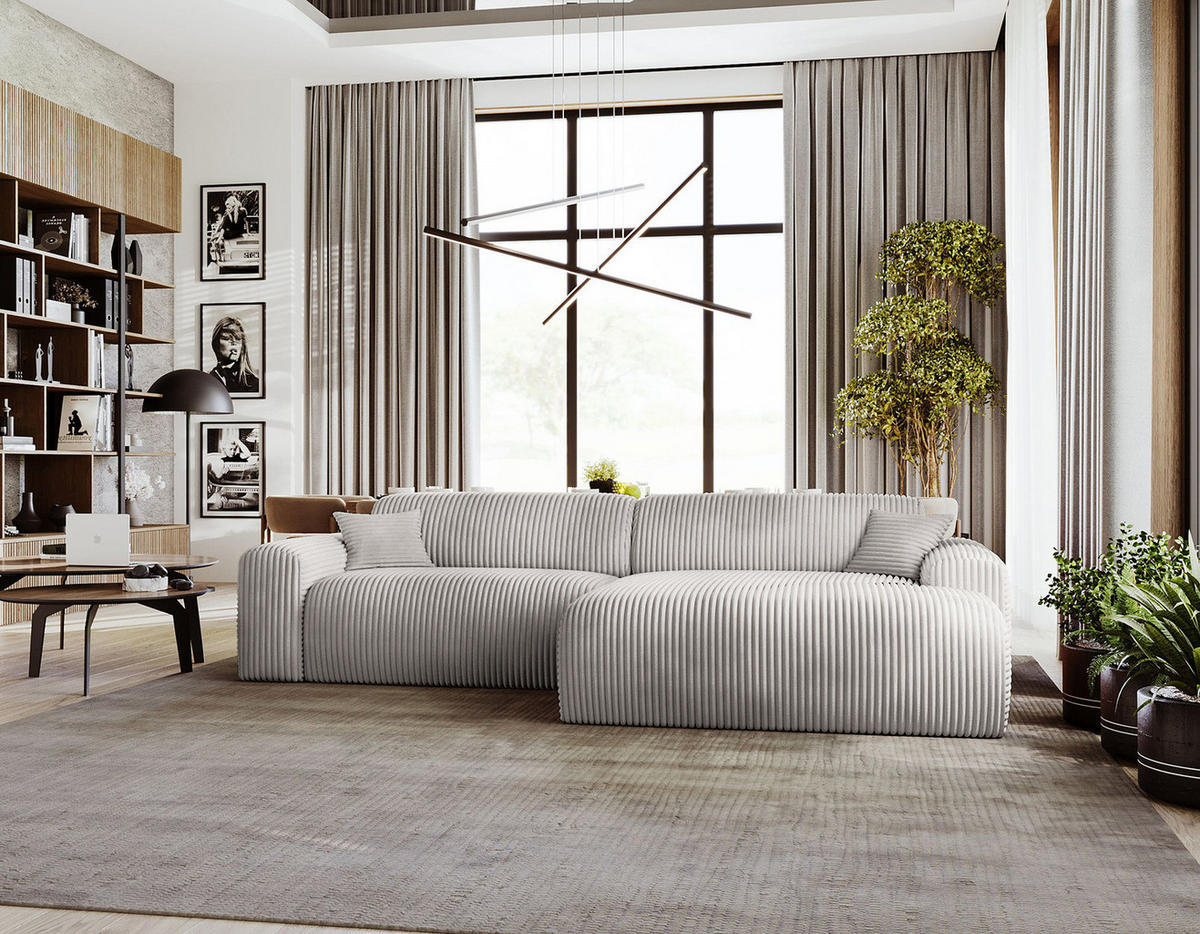 ECKSOFA mit Longchair - Cord - Hellgrau/Schwarz, Kunststoff/Textil (284/178cm) - home24