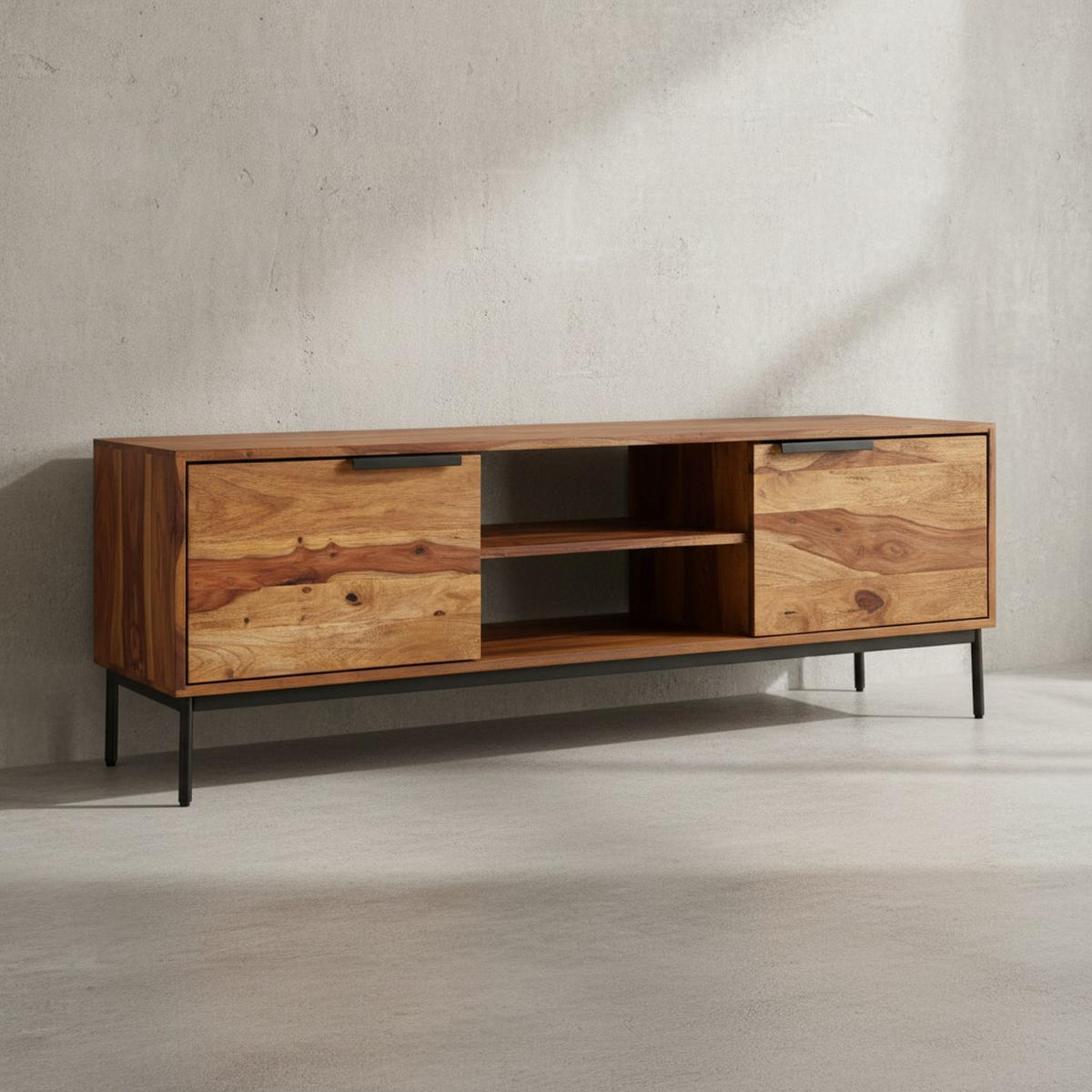 LOWBOARD Massivholz Landhausstil für 60-Zoll Fernseher mit offenen Fächern - Schwarz/Braun, Holz/Metall (147/51/38cm) - KADIMA DESIGN