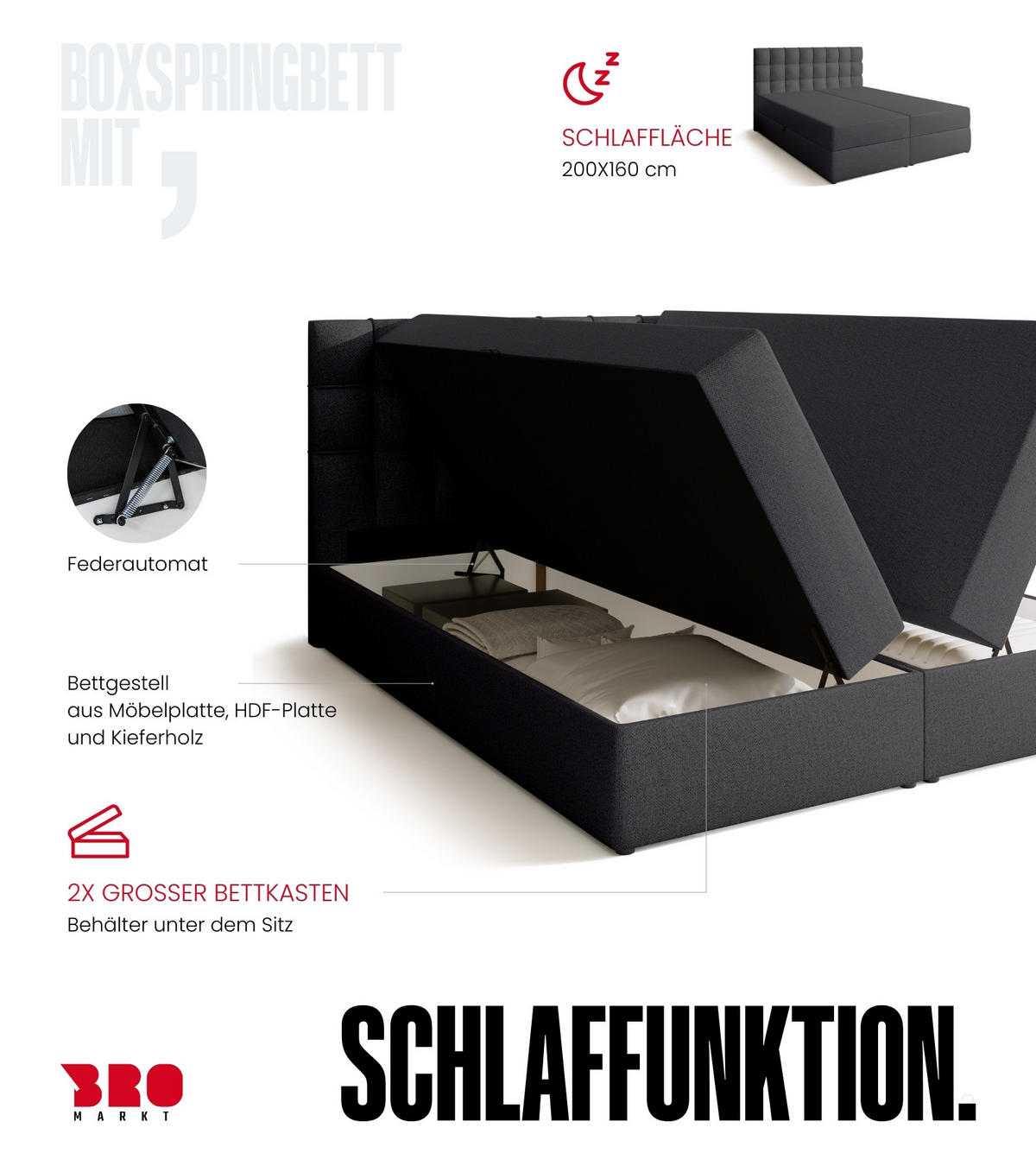 BOXBETT Detroit mit Topper 180/200 Dunkelgrau - Dunkelgrau, Textil (180/200cm) - Bromarkt
