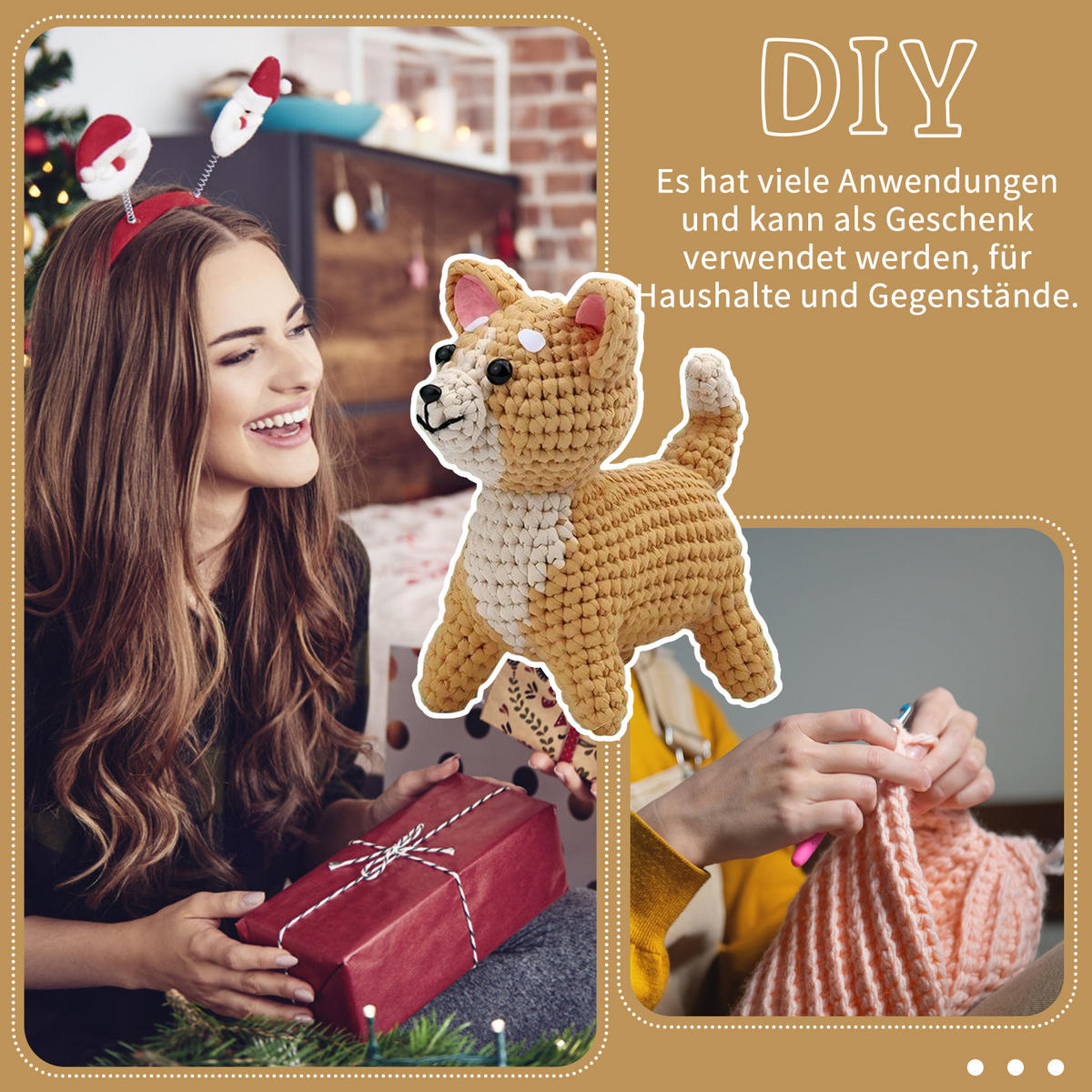 KOMPLET za kvačkanje pasme Shiba Inu, amigurumi za začetnike z navodili in pripomočki - rjava, tekstil (1/1/1cm)