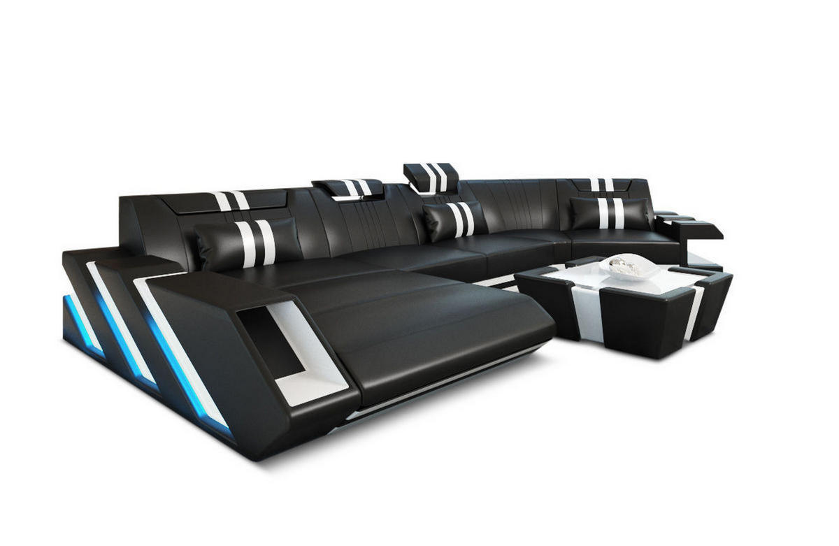 WOHNLANDSCHAFT Apollonia C - Schwarz/Weiß, Leder (420/78/190cm) - Sofa Dreams