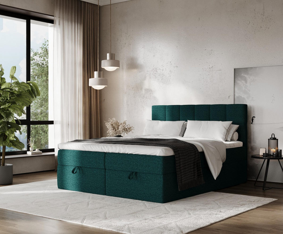 BOXBETT Savio 160/200 cm Grün im Riva Stoff - Schwarz/Grün, Holz/Holzwerkstoff (160/200cm) - AltaBeds