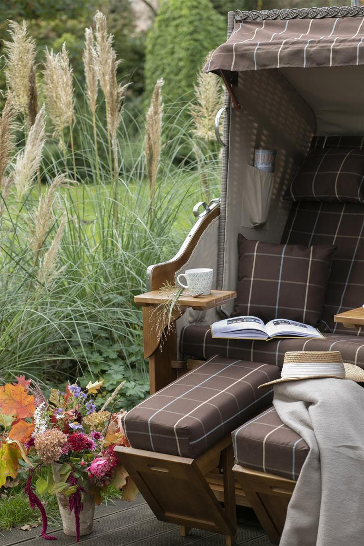 STRANDKORB Komplettset - Schleswig Pinie - PE mokka - Modell 556 - Braun/Grau, Holz (120/160/80cm) - bene living