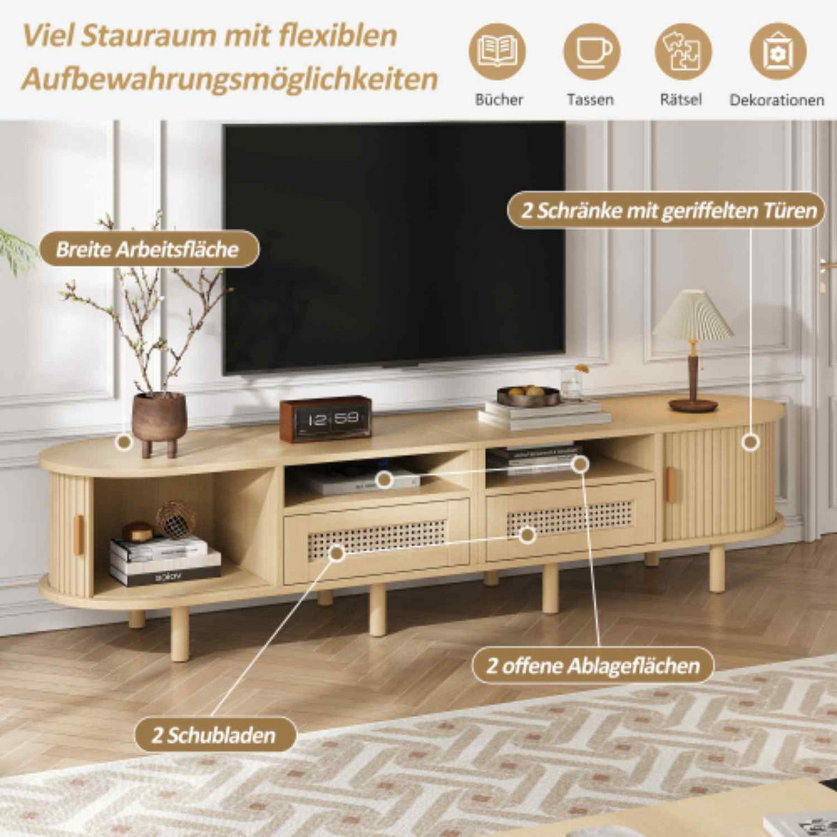 TV stolek 170/40/40 cm světle dubový z MDF s ratanovými zásuvkami a posuvnými dvířky - přírodní, kompozitní dřevo (170/40/40cm) - OKWISH