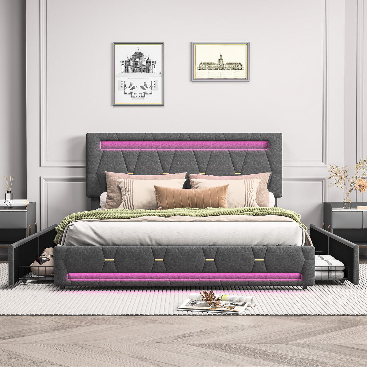 POLSTERBETT 140x200 cm, Grau, mit 4 Schubladen, LED-Beleuchtung - Grau, Textil/Metall (140/200cm)