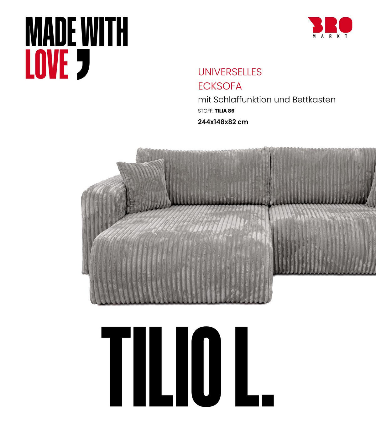 ECKSOFA mit Schlaffunktion TILIO Grau - Grau, Textil (244/148cm) - Bromarkt
