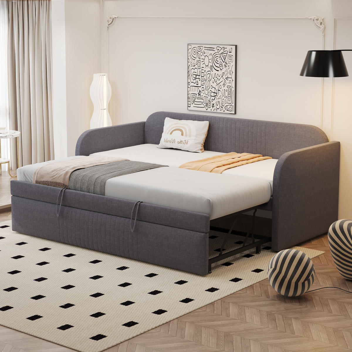 SCHLAFSOFA Ausziehbar mit Lattenrost Grau 90/180/190 cm - Grau, Leder (200.5/86/99cm) - OKWISH