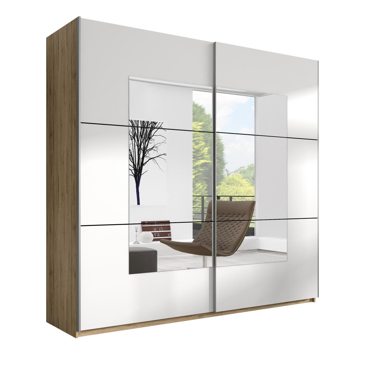 SCHWEBETÜRENSCHRANK BETTINA 180/210/61 cm 2-türig mit Spiegel Eiche San Remo - Weiß/Eiche San Remo, Holzwerkstoff (180/210cm) - MASSENO
