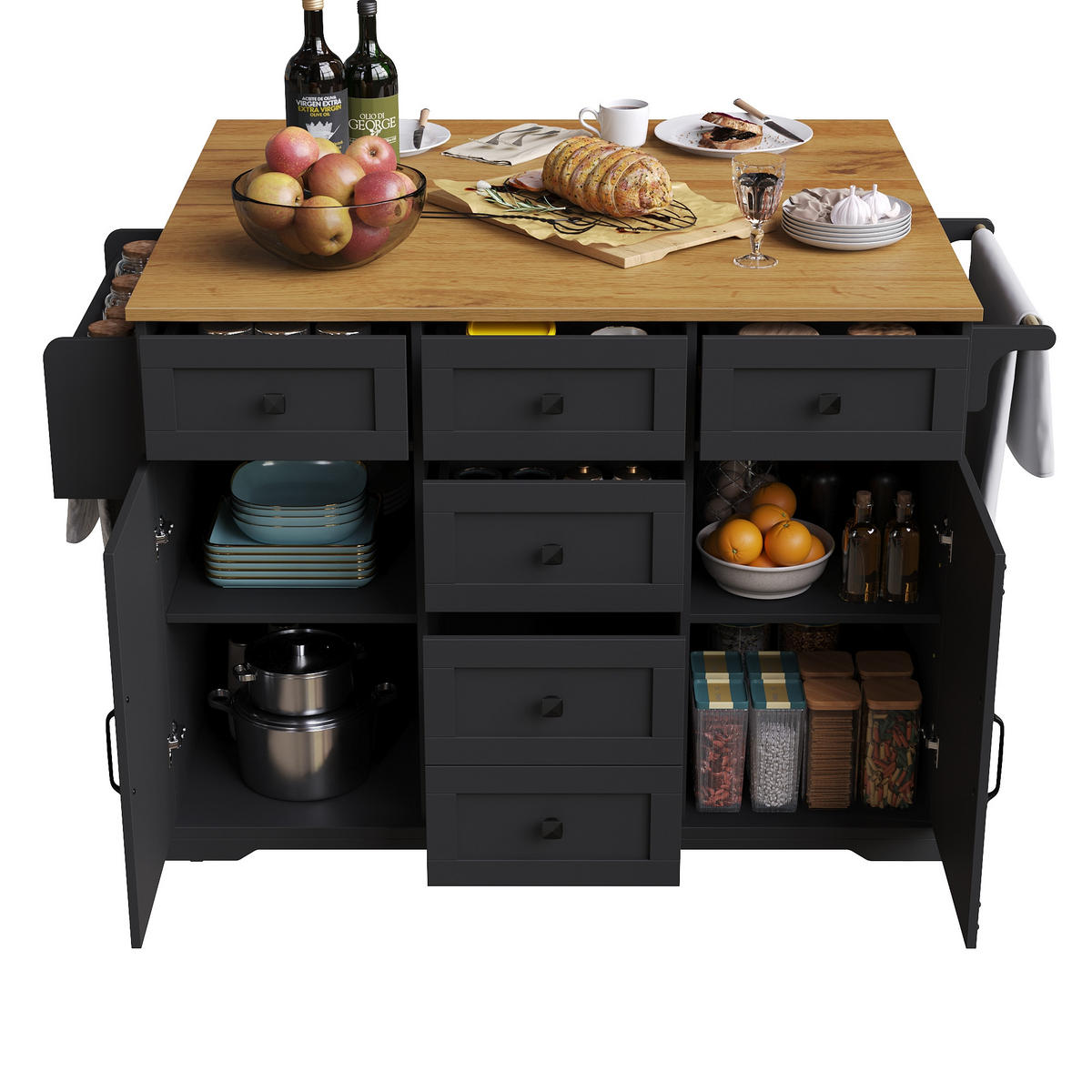 KÜCHENINSEL Servierwagen Holzmaserung Stauraum Schwarz - Schwarz, Metall (147/93/44cm) - FLIEKS