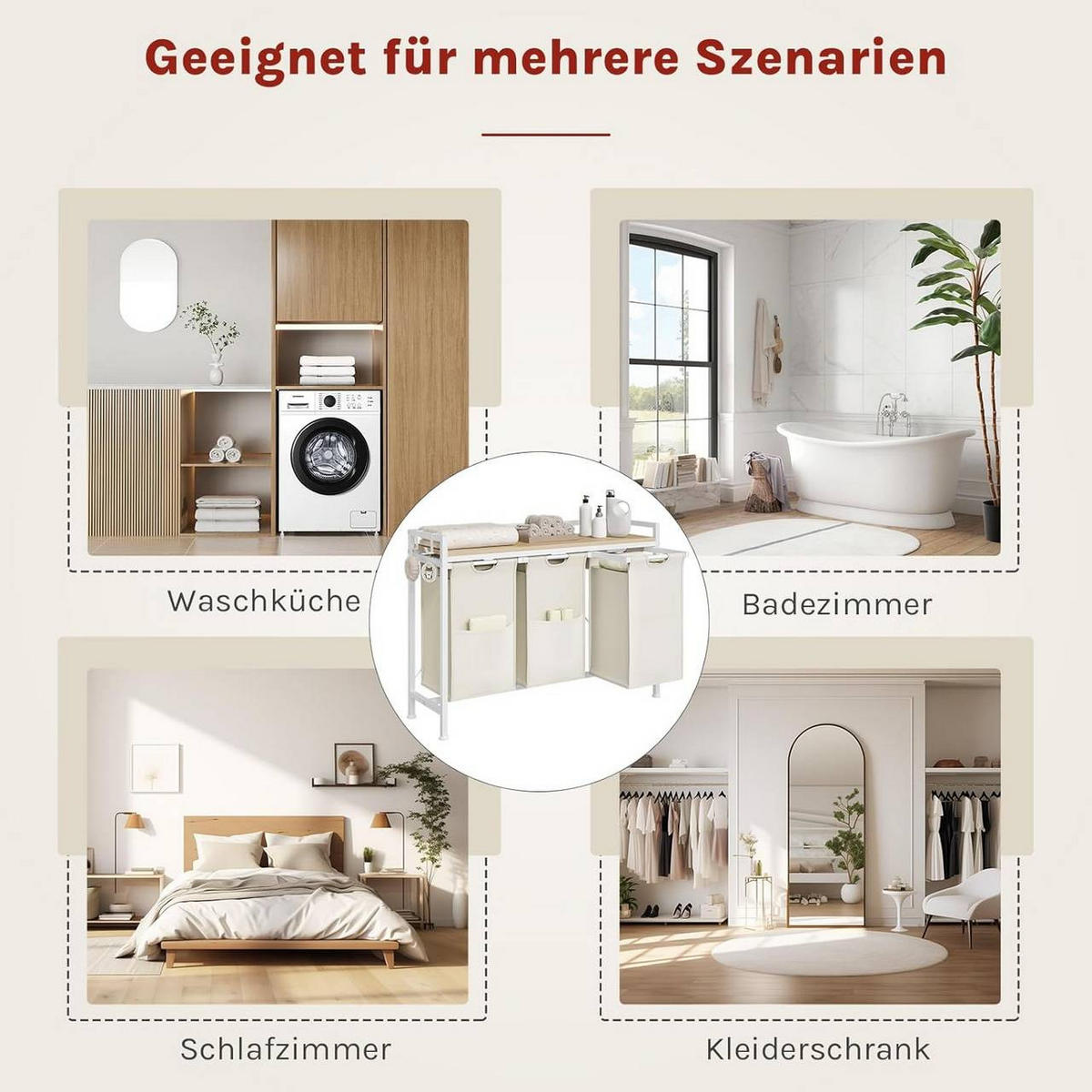 WÄSCHEKORB 3 Fächer, jedes 40 L, Weiß+Helle Eiche - Eichefarben/Weiß, Holzwerkstoff/Textil (96/71/30cm) - Woltu