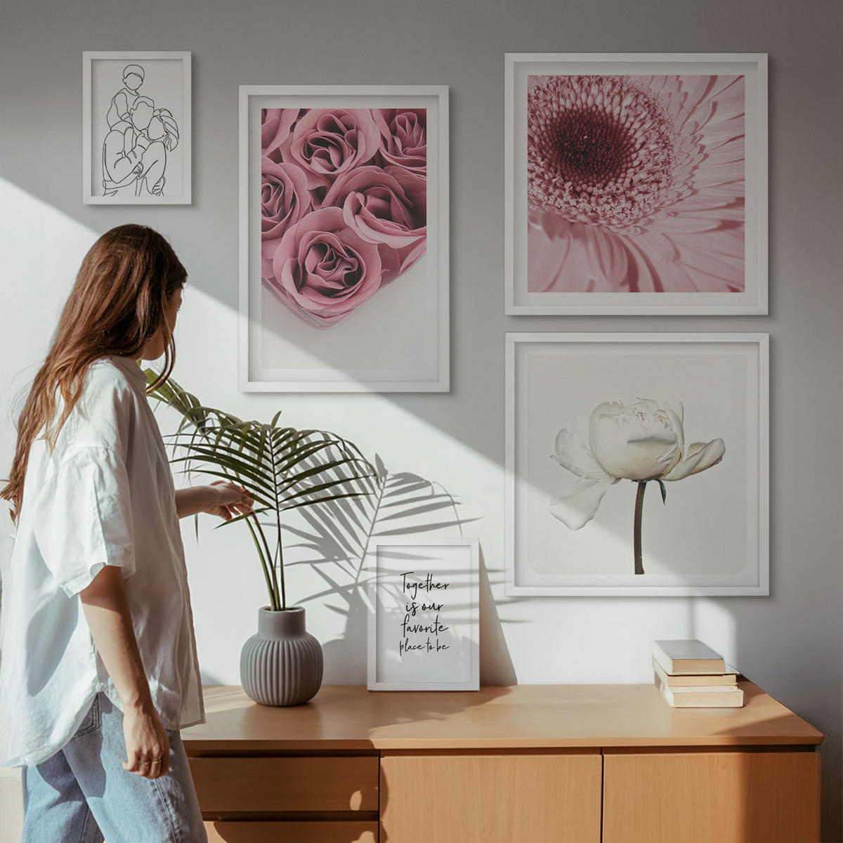 WANDBILDER 5er-Set - 50x50 cm & 20x30 cm & 40x60 cm Weißer Rahmen - Rosensträuße als Familienzeichnung - Weiß, Kunststoff (40/60cm) - ArtPrintCave