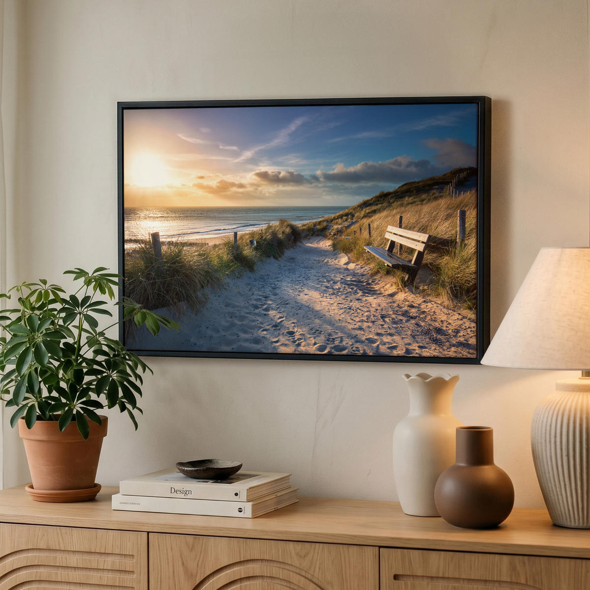 LEINWAND Bilder mit Rahmen - Sonnenuntergang - Strand - Düne - Gras - Ufer - 60x40 - Sandfarben, Textil (60/40cm) - MuchoWow