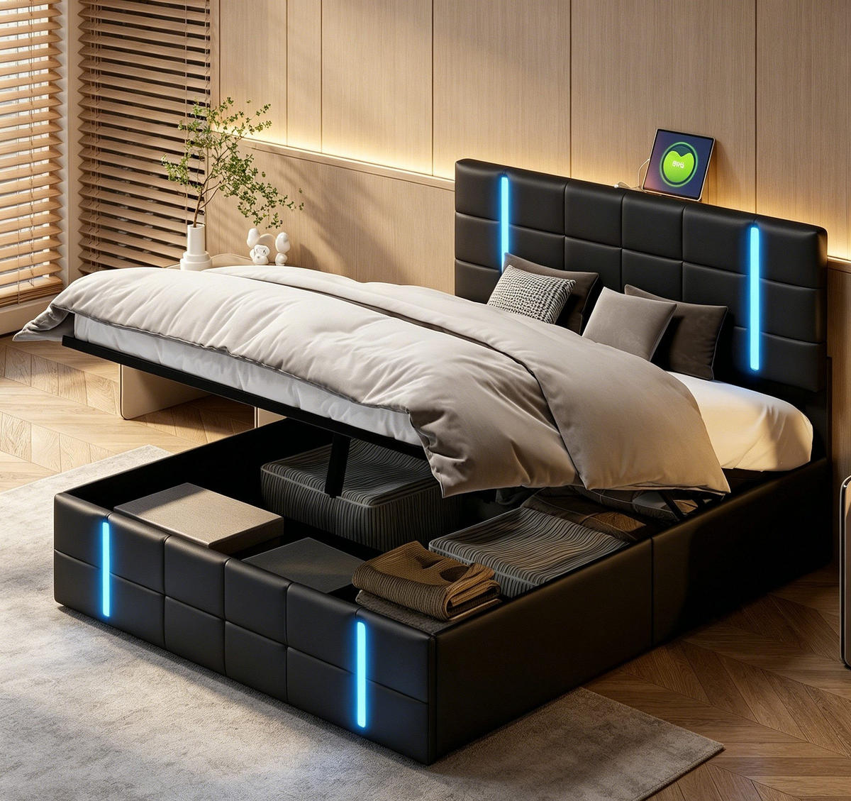 DOPPELBETT 160x200cm schwarz kunstleder acryl led usb - Schwarz, Metall - SHOPENTRA