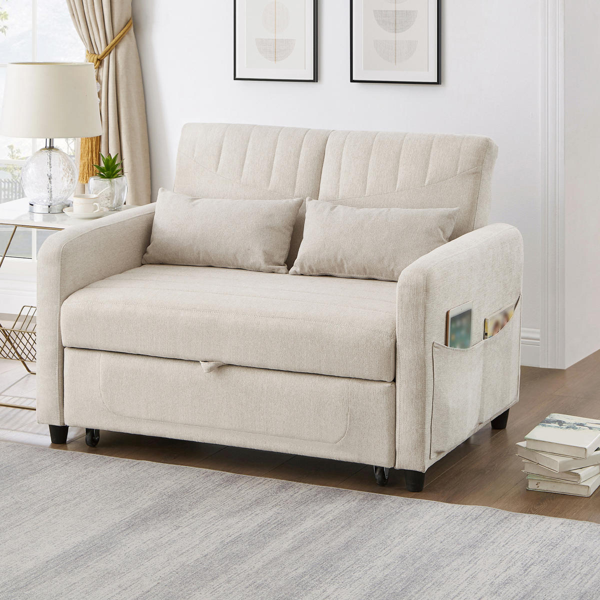 SOFA mit Schlaffunktion Zweisitzer Ausziehbar mit 3-stufig verstellbarer Rückenlehne PU Antik Schwarz 156/100 cm - Beige, Kunststoff (114/82.5/77cm) - OKWISH