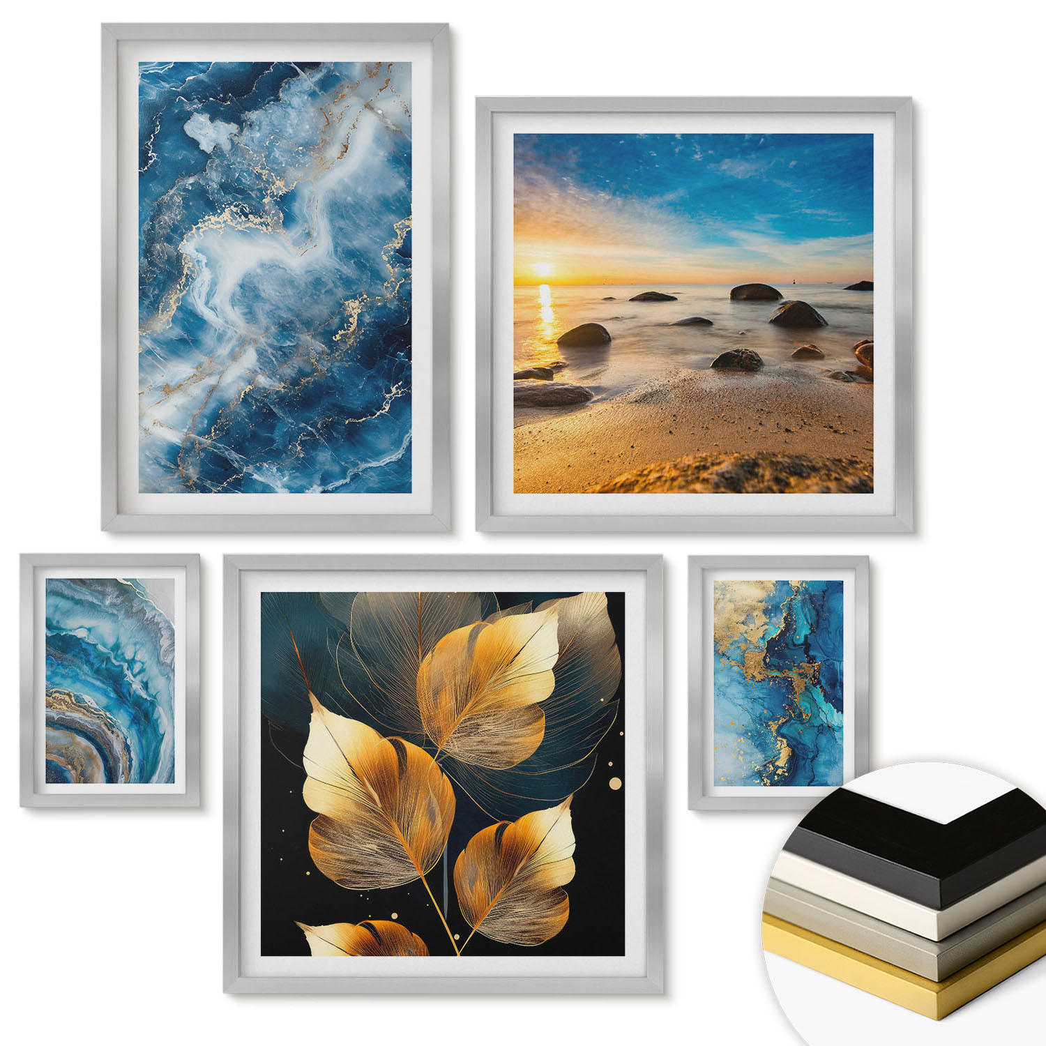 WANDBILDER 5er Set - 50x50 cm & 20x30 cm & 40x60 cm Silberner Rahmen - Porträt einer Frau, Auge, Farben, Emotionen - Silberfarben, Kunststoff (40/60cm) - ArtPrintCave