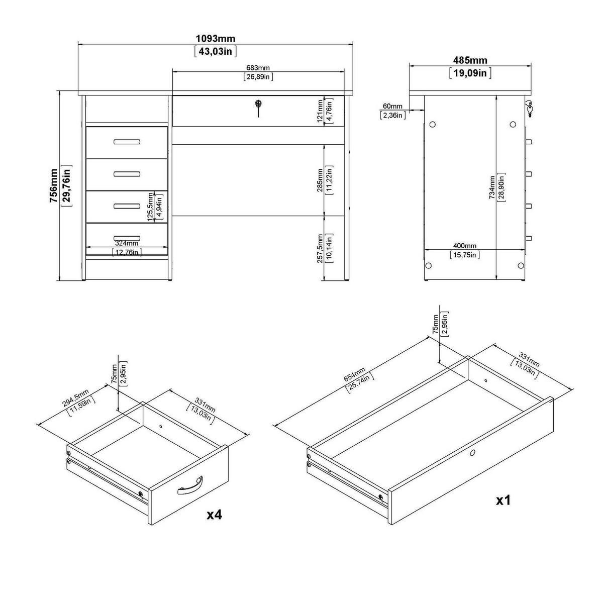 SCHREIBTISCH Eiche 48.5/109.3/75.6 cm - Braun, Holzwerkstoff (49/109/76cm) - DMORA