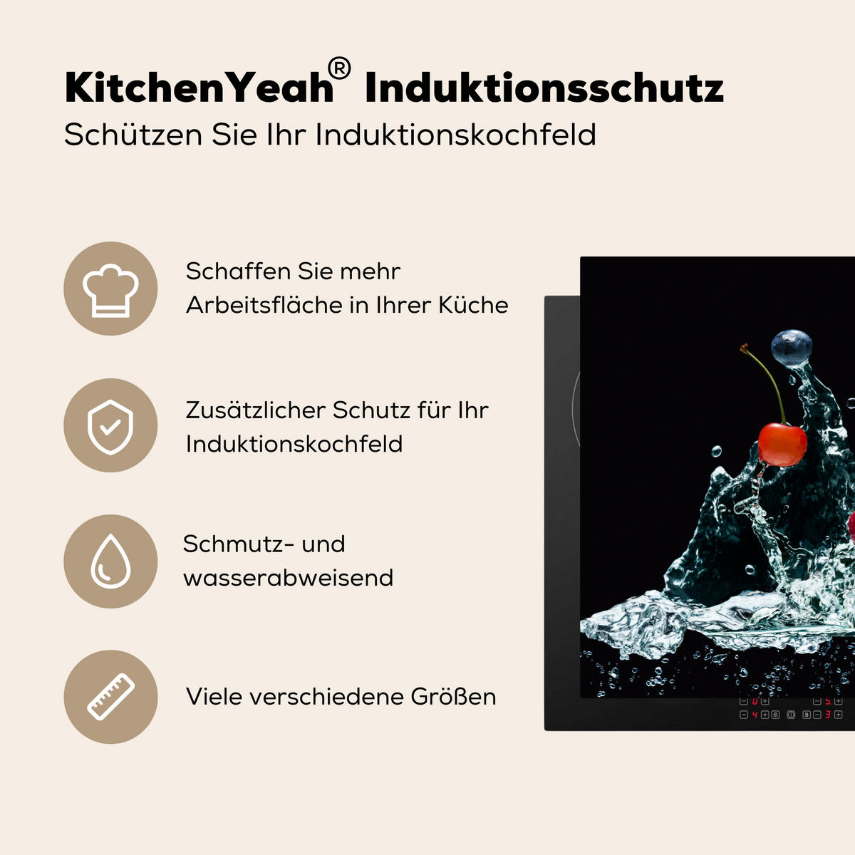 HERDABDECKPLATTE Wasser - Obst - Orange - Erdbeere - Kirsche - Schwarz 90x52 cm - Orange, Kunststoff (90/52/0.2cm) - MuchoWow