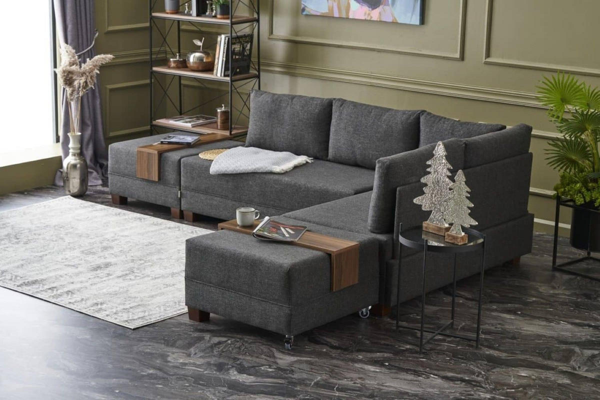 ECKSOFA mit rollbarer Schlaffunktion - Anthrazit/Walnussfarben, Holz/Textil (210/280cm) - myHomelando