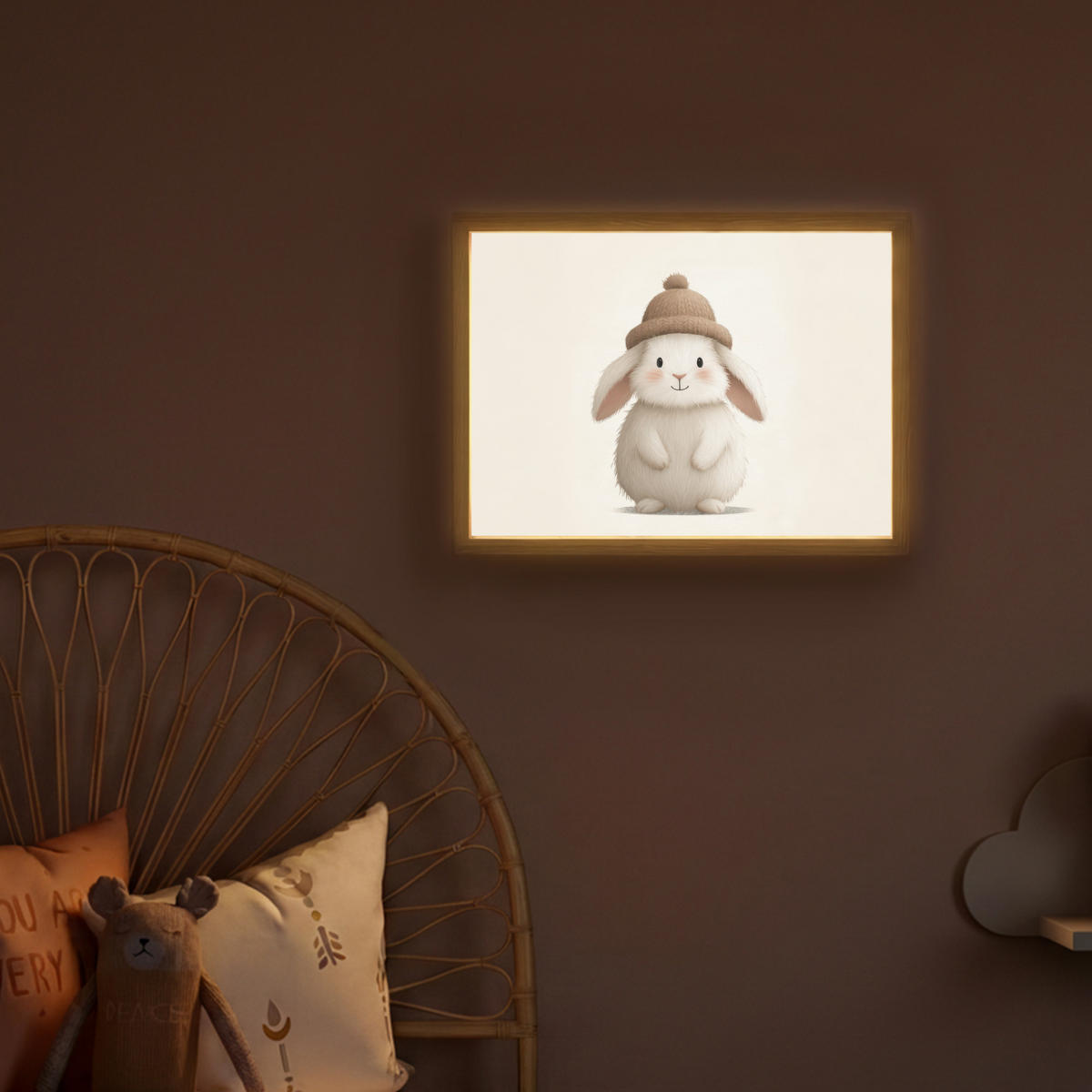 NÁSTĚNNÁ LAMPA S AKUMULÁTOREM Králík - Klobouk - Uši - béžový 40x30 cm - krémová, kompozitní dřevo (40/30/8cm) - OnlyWow