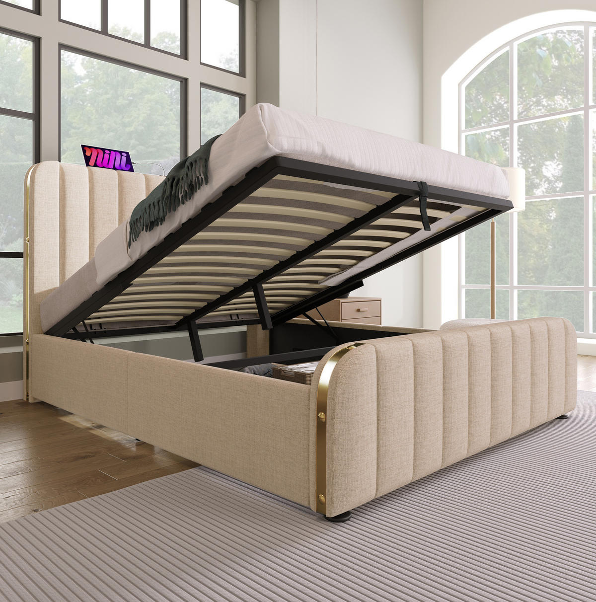 POLSTERBETT 140/200 cm Beige mit hydraulischem Stauraum und USB-Typ-C-Anschlüssen - Beige, Textil (140/200cm) - OKWISH