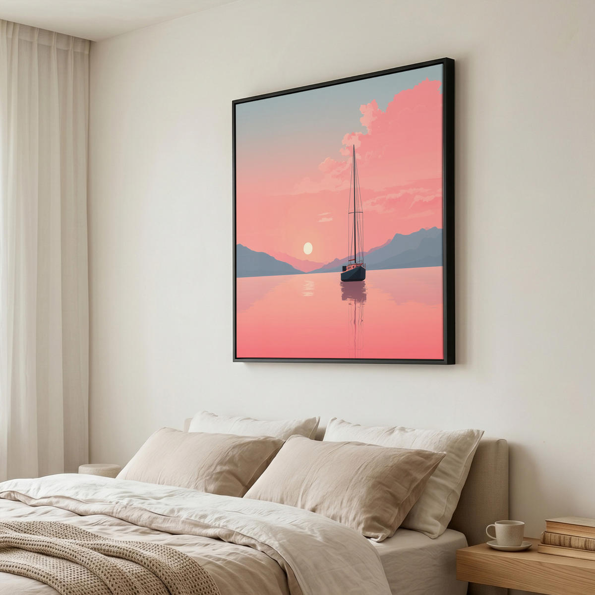 LEINWAND Bilder mit Rahmen - Segelboot - Rosa Meer - Sonnenuntergang - Berge - 90x90 - Rosa, Textil (90/90cm) - MuchoWow