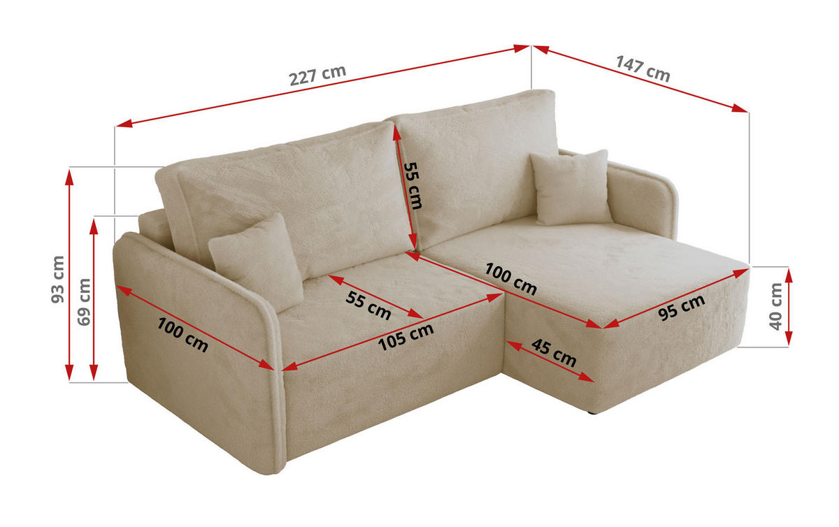 ECKSCHLAFSOFA MESTO L Creme Plüsch - links - Creme/Schwarz, Kunststoff/Textil (227/147cm) - MKS