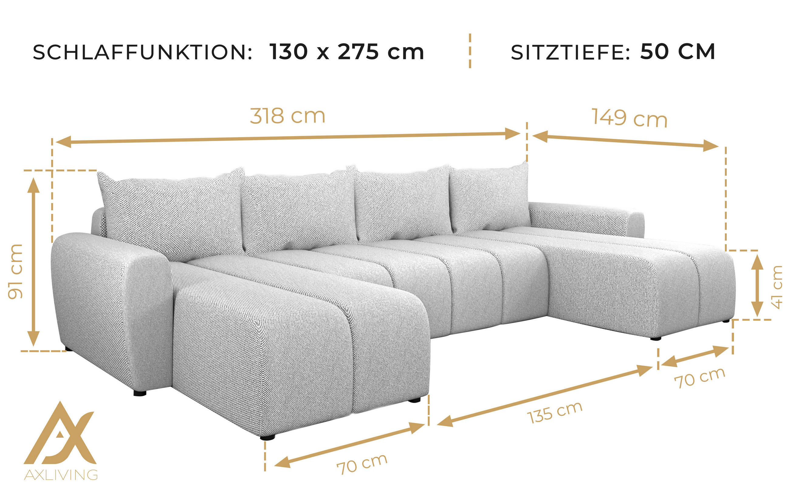 Thumbnail - AX Living Wohnlandschaft, Braun, Textil, Teilmassiv,Kiefer, Uni, 7-Sitzer, Füllung: Polyurethan (Pur), U-Form,Rechteckig...