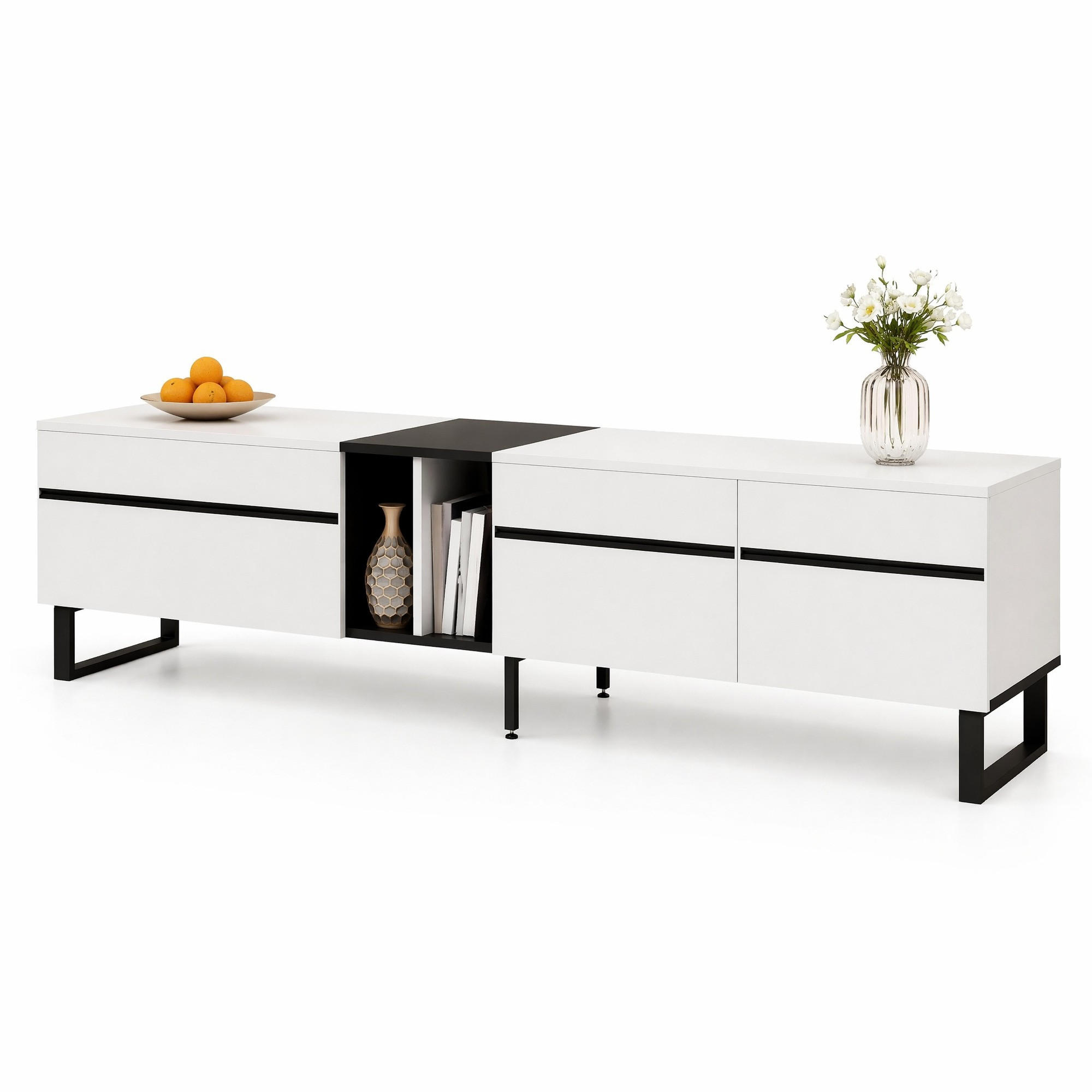 LOWBOARD in Weiß und Schwarz TV-Schrank mit Klappfach und offenen Fächern für Wohnzimmer, B180/T38/H45 cm - Schwarz/Weiß, Holzwerkstoff/Metall (180/45/38cm) - STILVORA