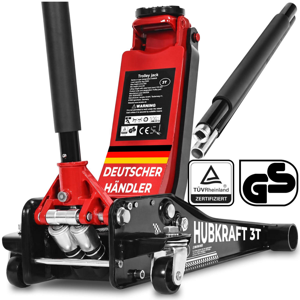 HYDRAULISCHER WAGENHEBER Jack, drehbarer Auflageteller mit Gummierung und Noppen, schwarz/rot - Rot/Schwarz, Metall (69/34.5/50cm) - tectake