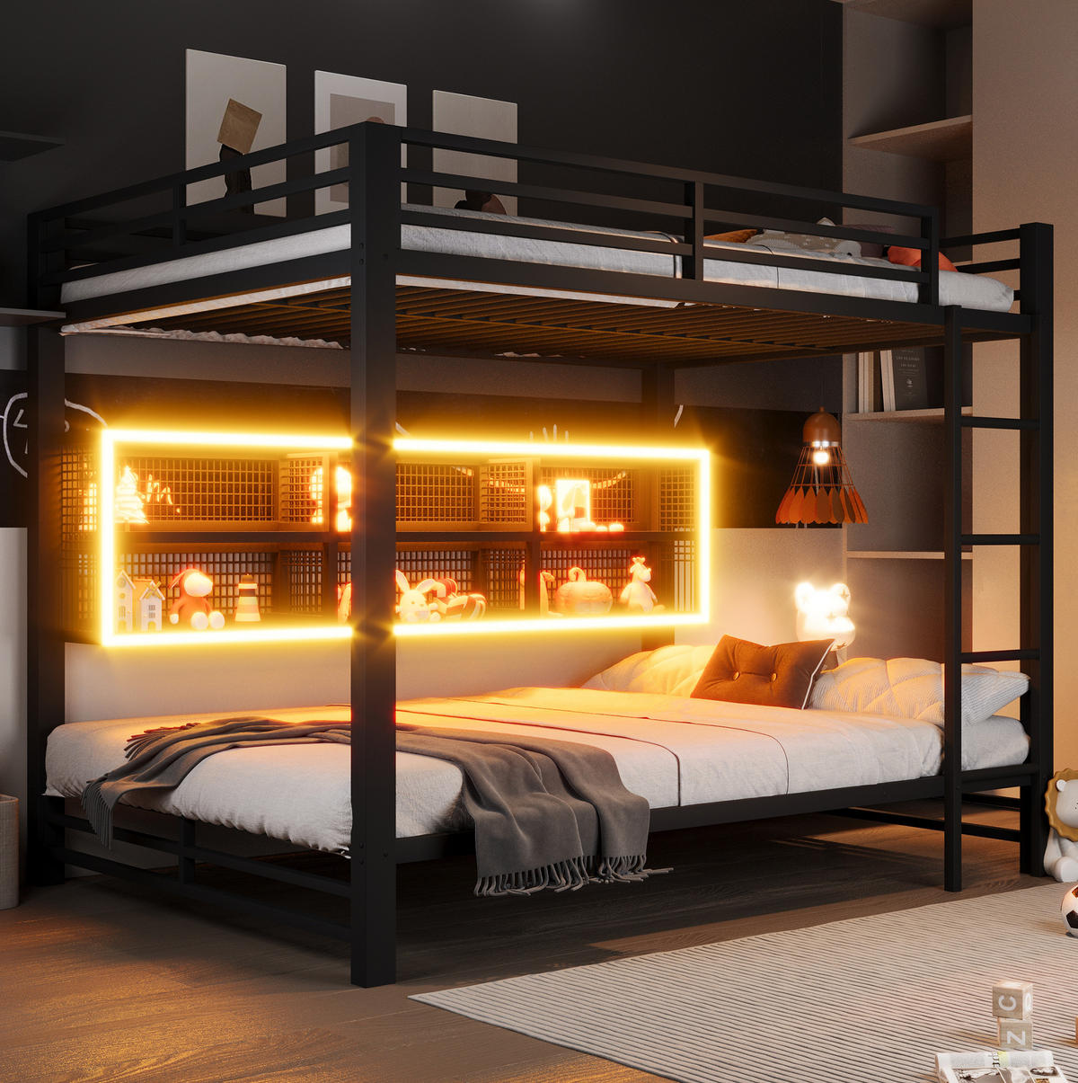 ETAGENBETT aus Metall 140x200 cm Schwarz mit 6 Stauraumschränken und LED-Beleuchtung - Schwarz, Metall (140/200cm) - IVMEU
