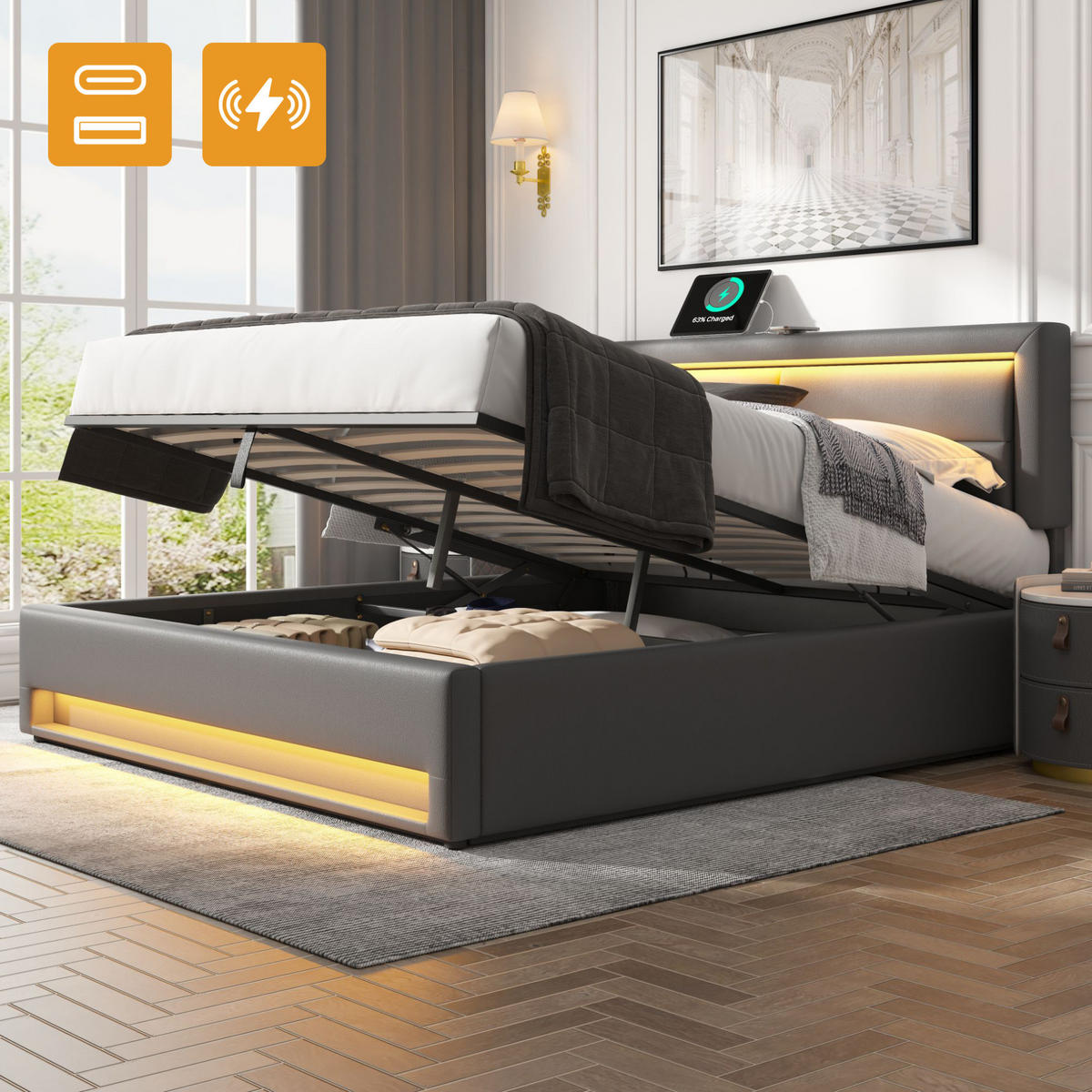 POLSTERBETT 140/190 cm aus PU mit USB-Anschluss, kabellosem Laden, LED-Beleuchtung und Stauraum, Grau - Grau, Leder (140/190cm) - Redom