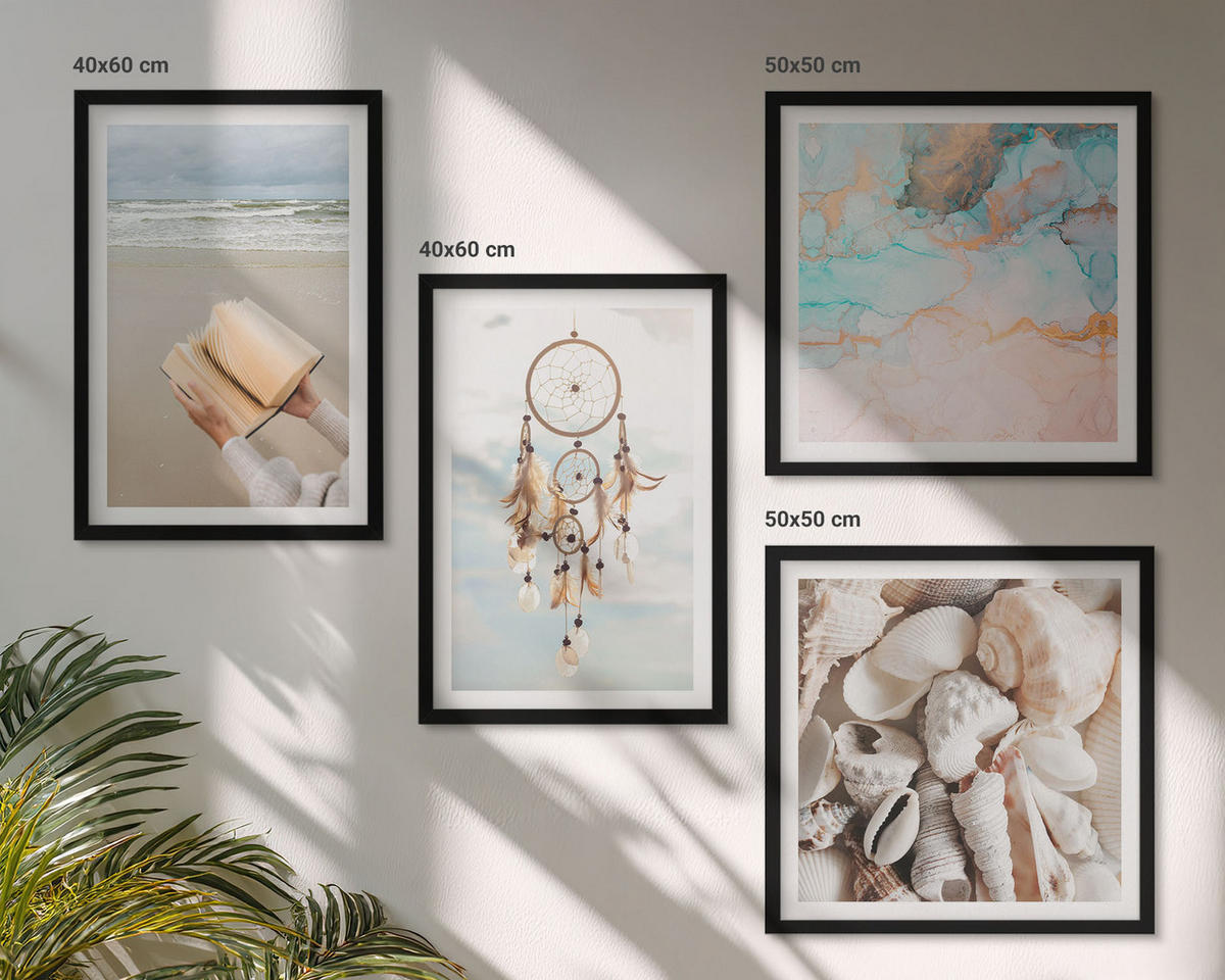 WANDBILDER 4er-Set - 50x50 cm & 40x60 cm Schwarzer Rahmen - Boho-Buch mit Muscheln - Schwarz, Kunststoff (50/50cm) - ArtPrintCave