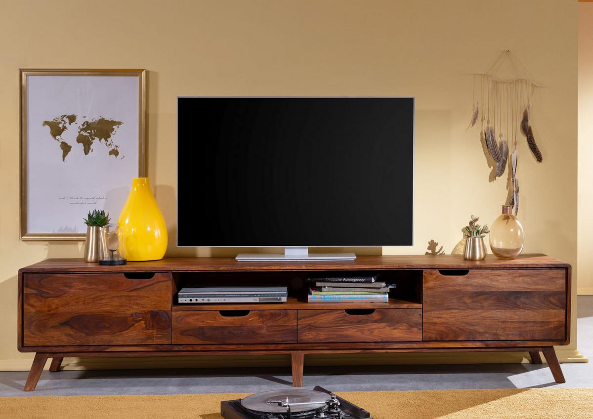 TV-BOARD Sheesham 220x40x48 walnuss gewachst MALMÖ 2 #123 - Dunkelbraun, Holz (40/48/220cm) - Massivmoebel24