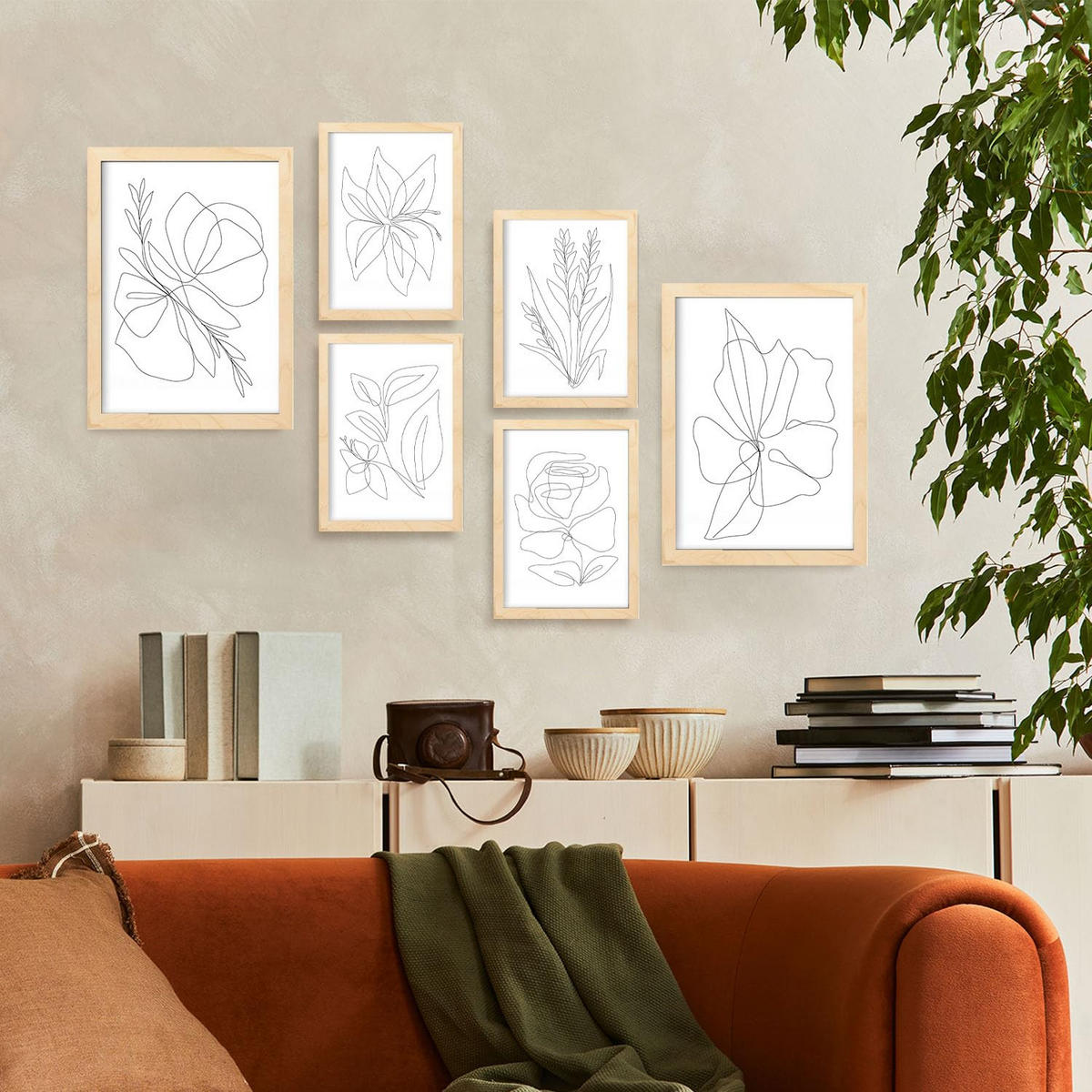 POSTER Set Mit 6 Blumenrahmen 1 Abstrakt Größe A3 & A4 Rahmen aus hellem Holz - Beige, Papier (29.7/1cm) - Nacnic
