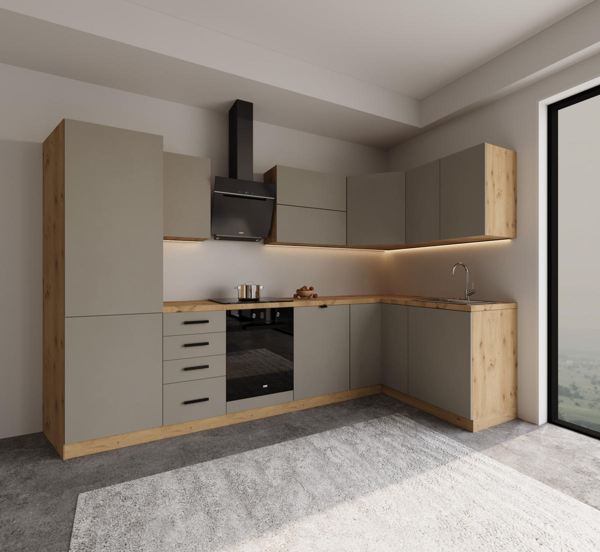 WINKELKÜCHE 300 cm x 140 cm- Langen KL6-M300 - in Beige/Matt - Beige/Schwarz, Holz/Holzwerkstoff (440/212/58cm)