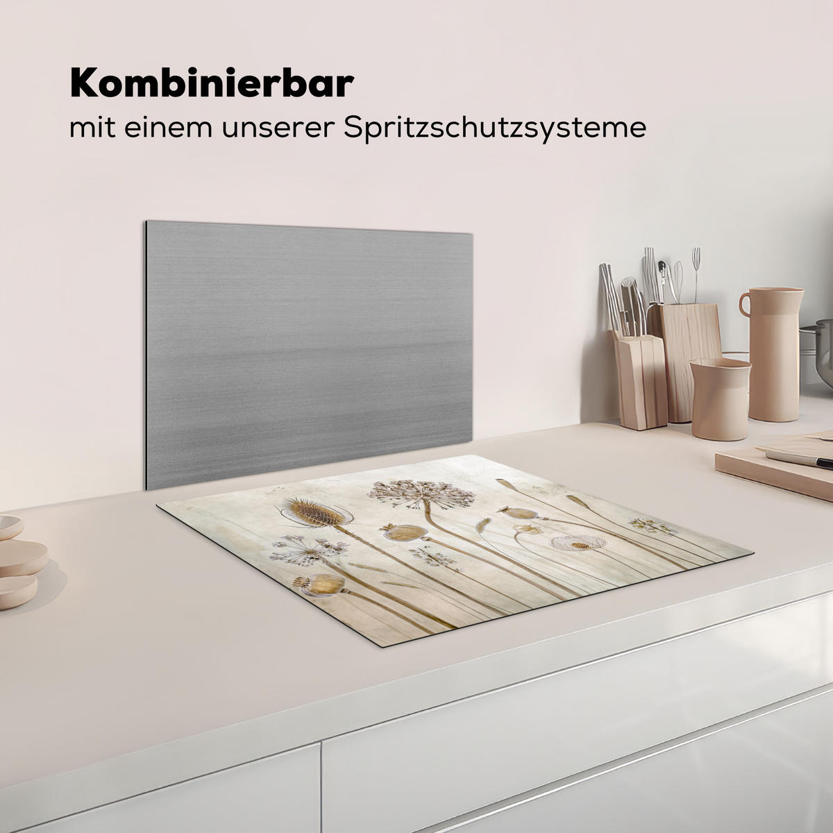 KRYT NA INDUKČNÍ DESKU Květiny - Akvarel - Zátiší - Hnědá - Vintage 59x52 cm - písková barva, plast (59/52/0.2cm) - MuchoWow