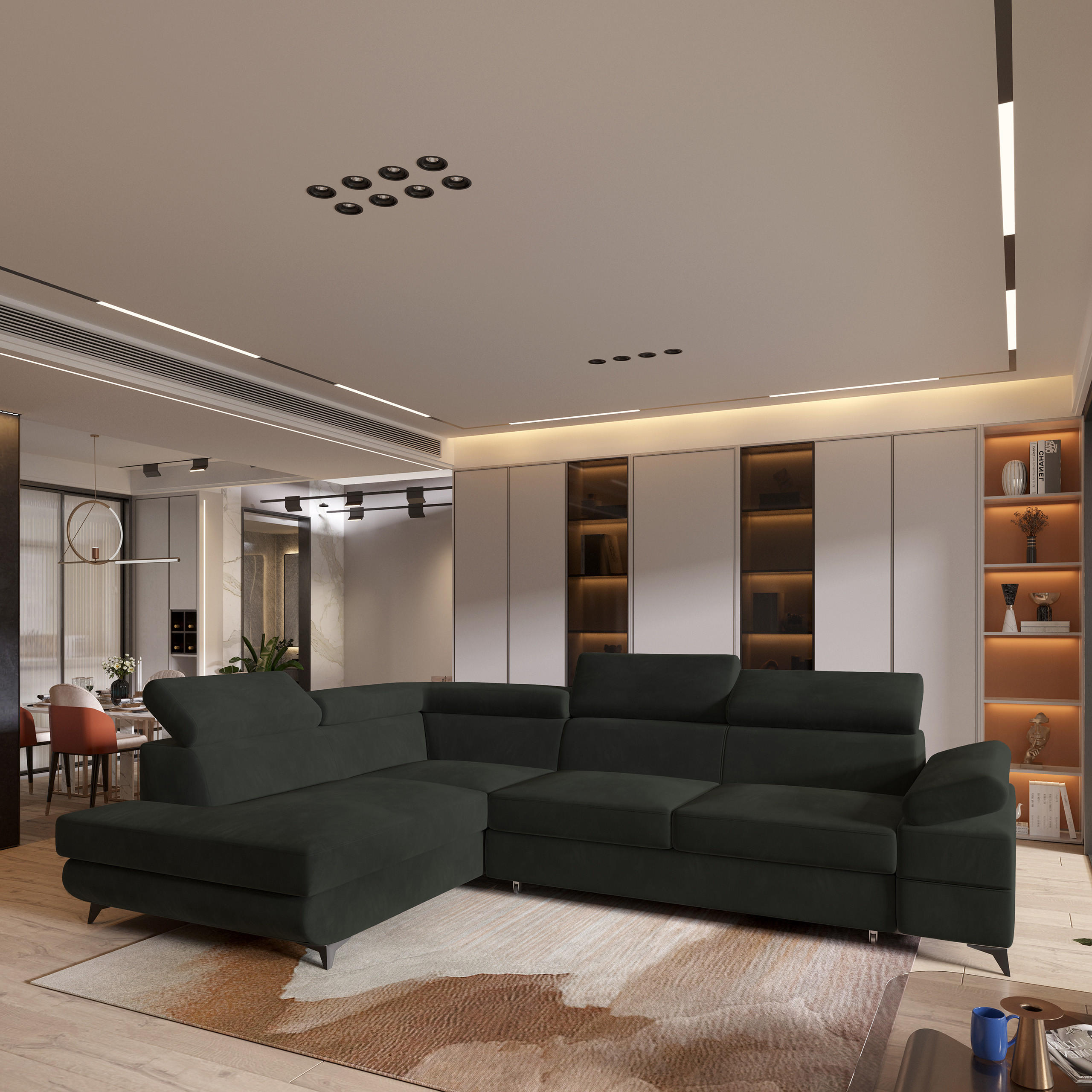 ECKSOFA FAVIEN L-S Schwarz Velours-Stoff mit Schlaffunktion - Schwarz, Holz (257/190cm) - MASSENO