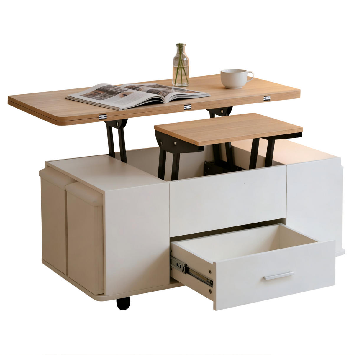 KLUB stolić 100/50/45 cm bijeli od iverice s podizanjem i 4 taburea - bijela, drvni materijal (100/50/45cm) - OKWISH
