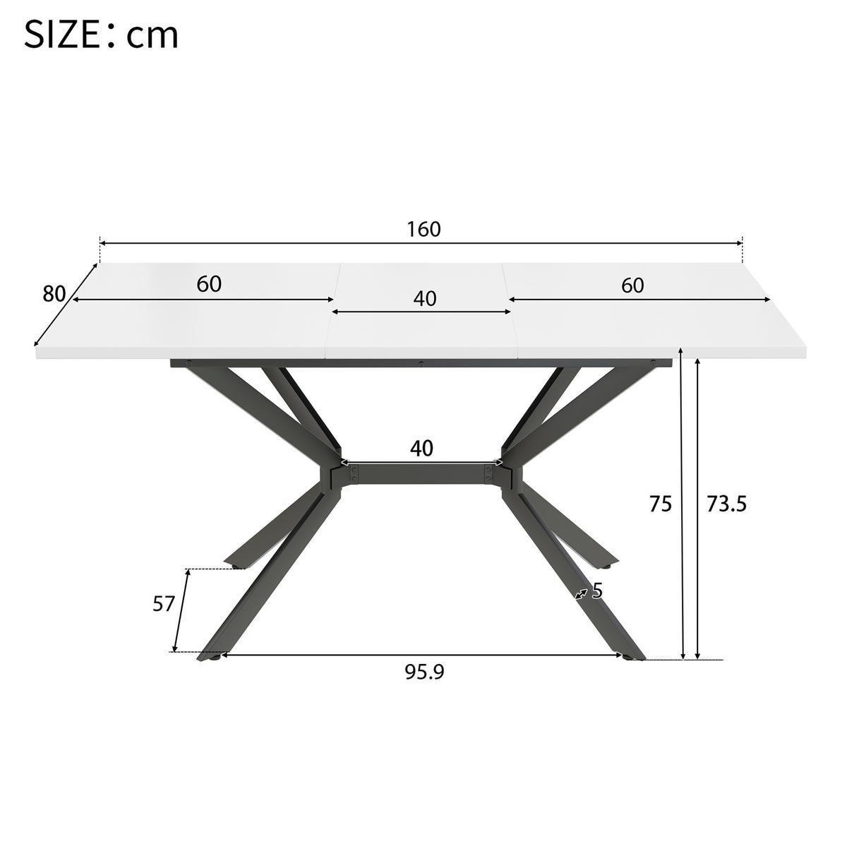 AUSZIEHTISCH 120-160/80 cm in Weiß mit schwarzem Metallgestell - Weiß, Holzwerkstoff (160/75/80cm) - BEAOK