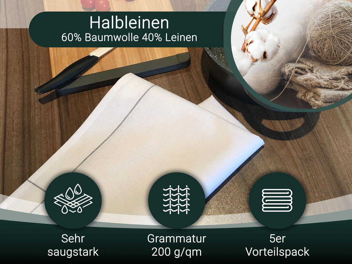 GESCHIRRTÜCHER, 5er-Set, 50x70 cm, 60% Baumwolle, 40% Leinen, Grau - Weiß/Grau, Textil (50/70cm) - Zollner