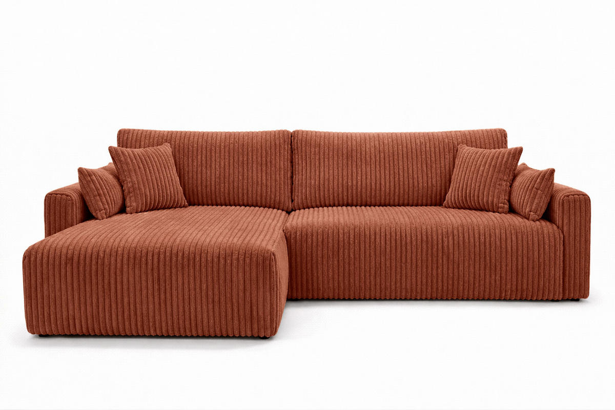 ECKSOFA Mit Schlaffunktion, Cordstoff Tilia, Kupfer, Links, JAPANDI - Orange, Holz (262/145cm) - Kaiser Möbel