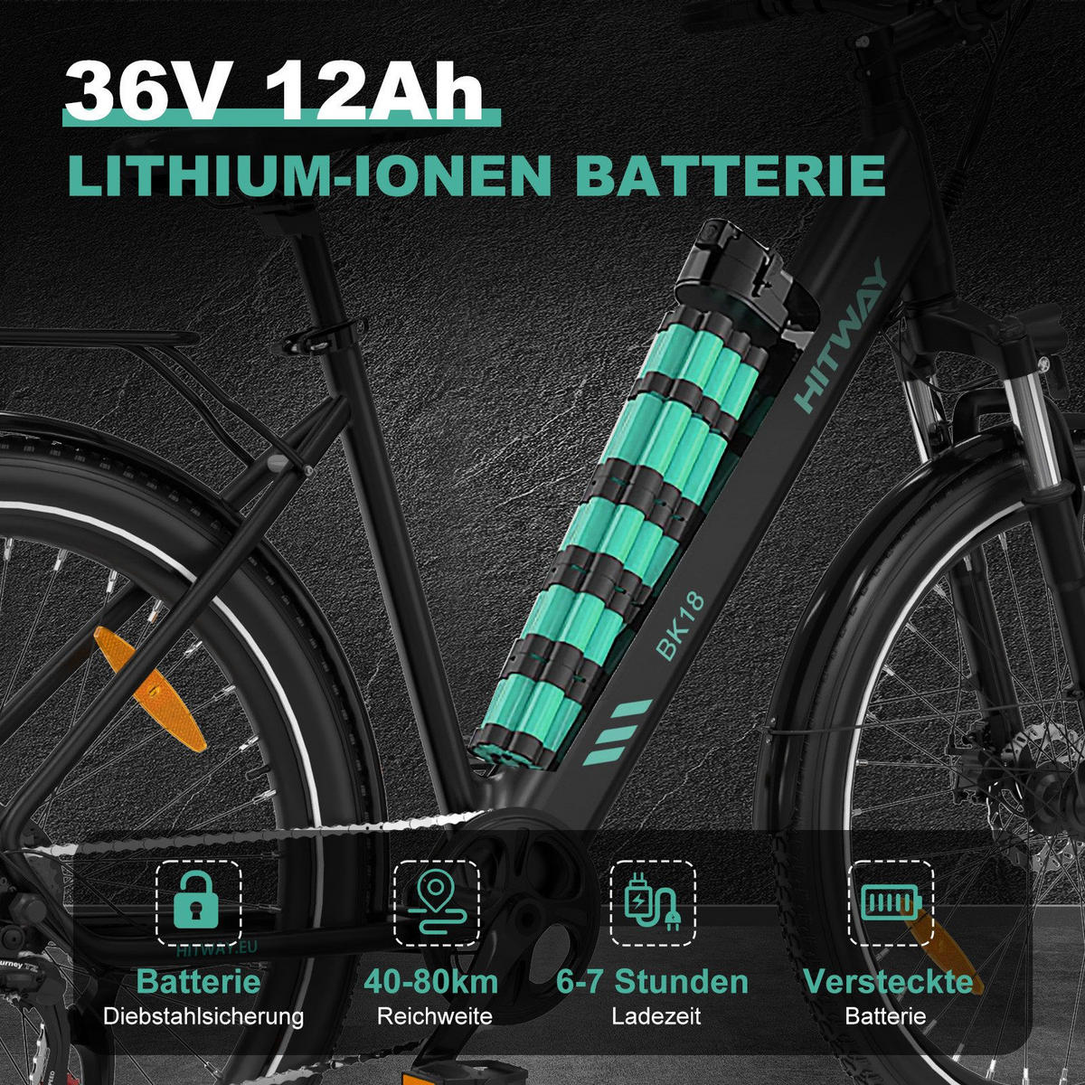 E-BIKE City BK18 27,5 *2,8 zoll mit Samsung 36V15Ah Akku bis zu 80km, 7 Gang - Schwarz, Metall (27cm) - COLORWAY