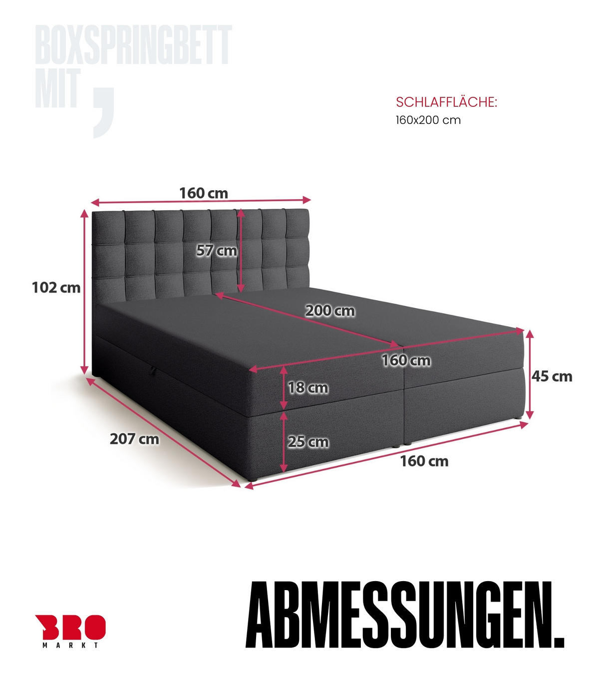 BOXBETT Detroit mit Topper 180/200 Dunkelgrau - Dunkelgrau, Textil (180/200cm) - Bromarkt