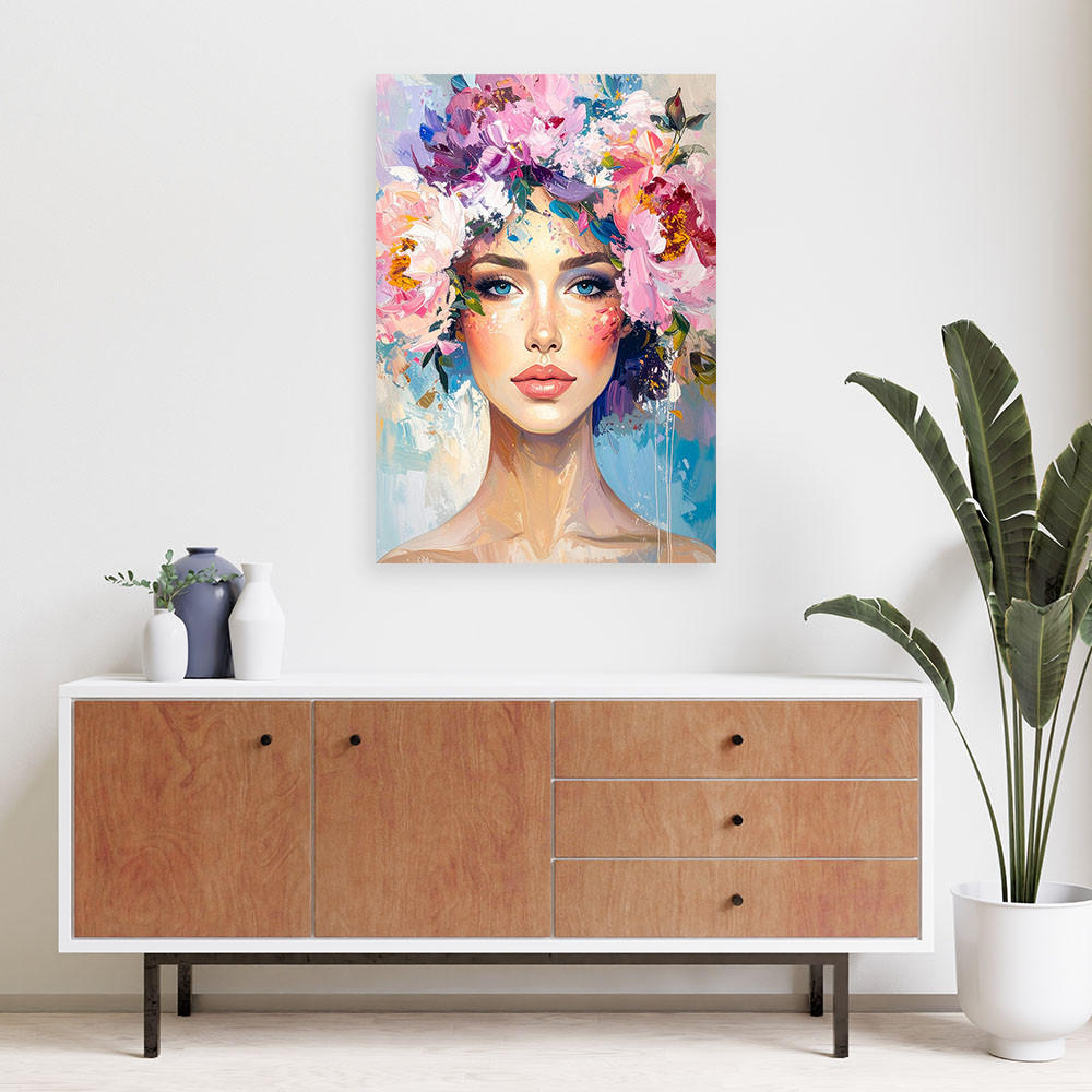 LEINWANDBILD Frau mit Blumen auf dem Kopf 80x120cm - Multicolor, Textil (80/120cm) - Feeby