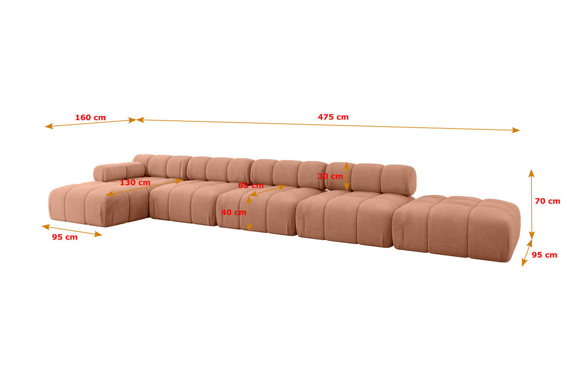 ECKSOFA modulares Sofa Lizur-L3 - 475x160x70 cm Apricot Velours - Koralle, Holzwerkstoff/Textil (475/160cm) - ALTDECOR