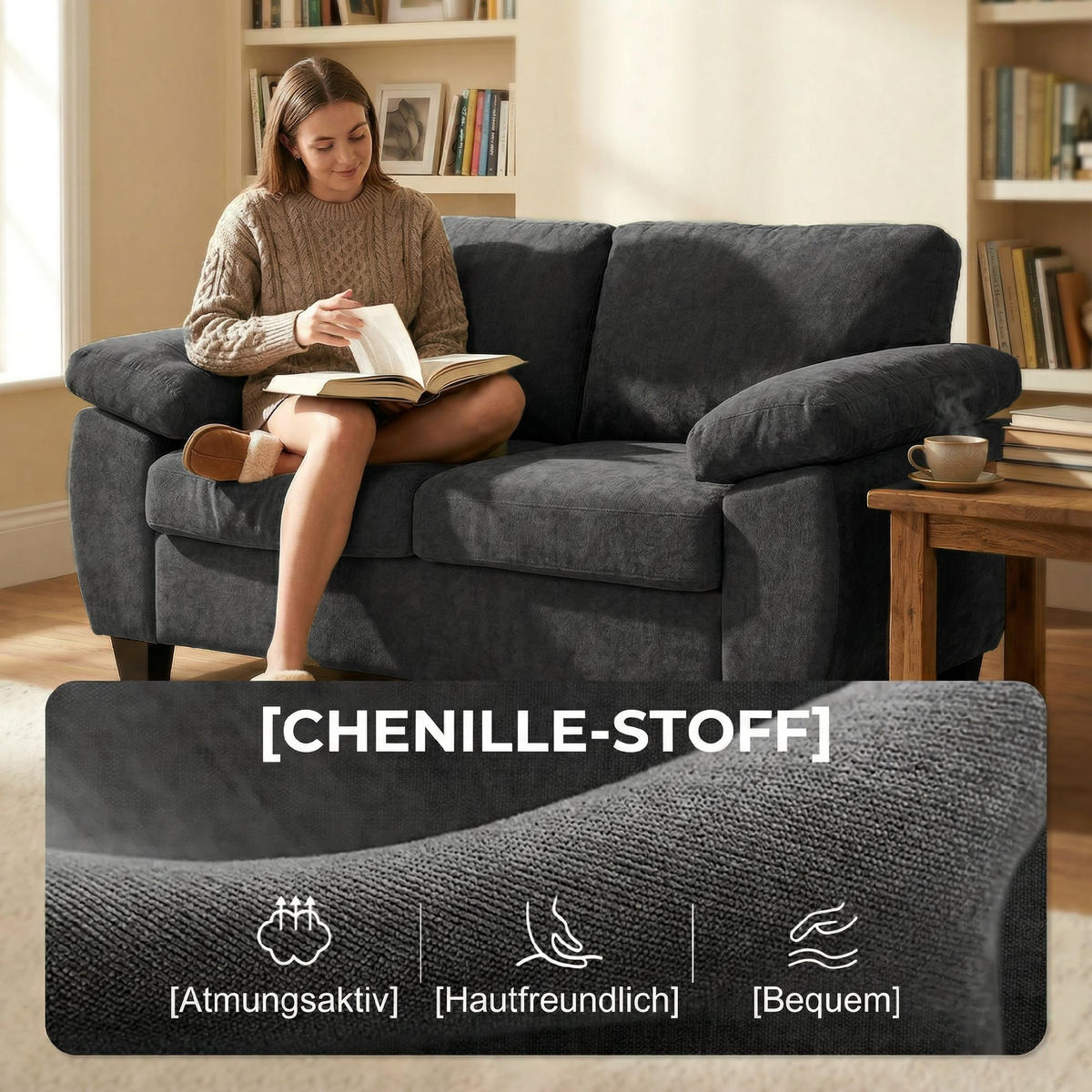 2-SITZER-SOFA DE-06598 156 cm dicke Federkernpolster, breite Armlehnen Dunkelgrau - Dunkelgrau, Holz/Textil (156/81/77cm) - ComfortXL