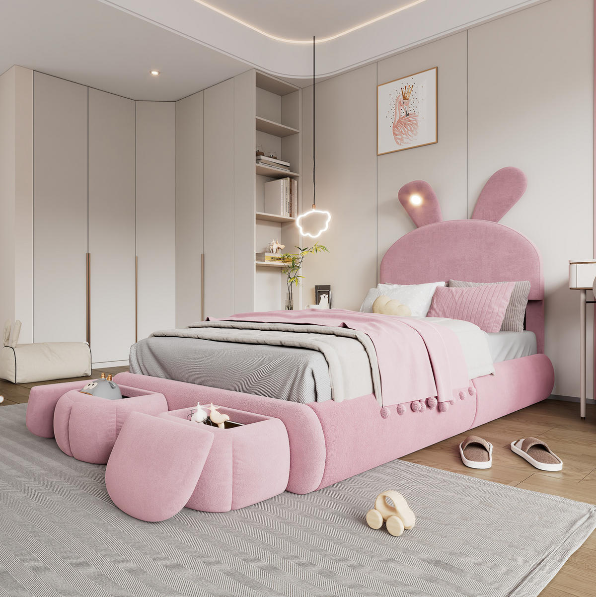 POLSTERBETT 90/200 cm aus Samt mit LED-Hasenohren und 2 Aufbewahrungshockern Rosa - Rosa, Textil (90/200cm) - Modenvie