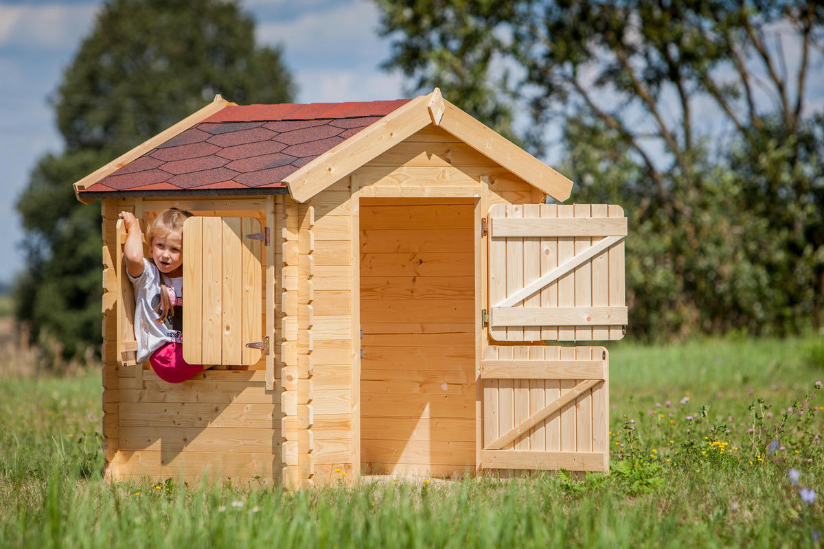 KINDERSPIELHAUS aus Holz 1,1m2 - MIT BÖDEN – B112xL146xH145 cm - M516 - Beige, Holz (146/145/112cm) - Timbela